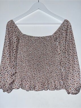 Paper Crane Cream Floral Smocked Square-Neck Blouse with Brown Accents